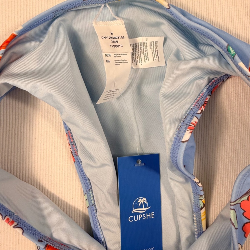 Cupshe Floral Bikini Set S Top M Bottom Blue Orange Ruffle Tie Front High Cut - Picture 15 of 16